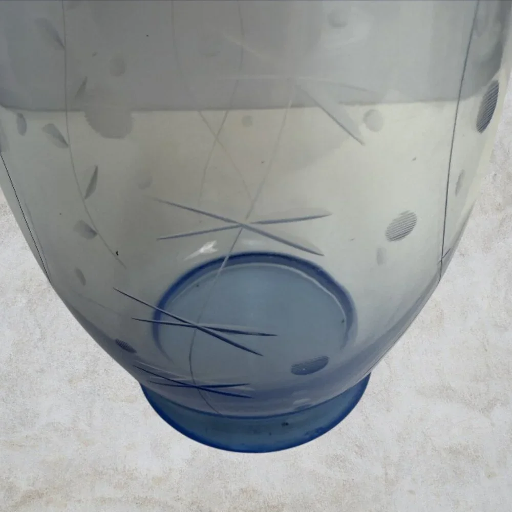 VINTAGE PITCHER -- Blue Glass, Circa 1980, Etched Glass Carafe, Tea/Juice/Water